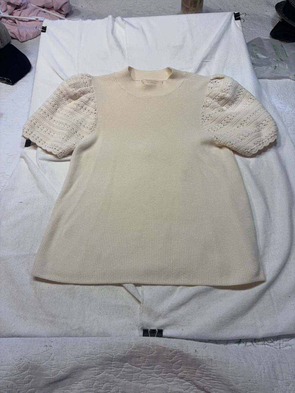 La Maille Sézane Cream Merino Wool Cotton Puff Sleeve Sweater Size S